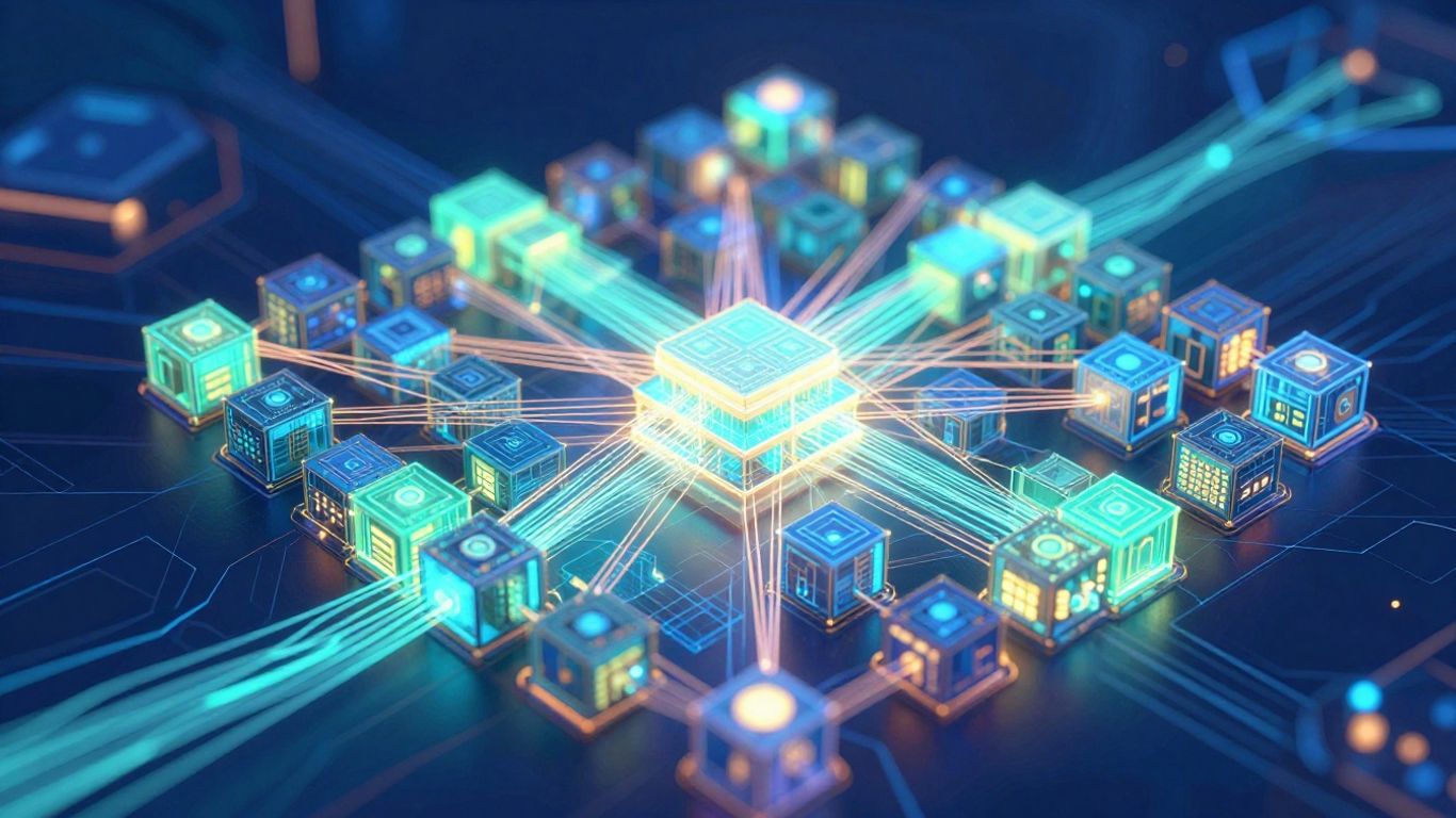 Interconnected glowing digital blocks forming a network.