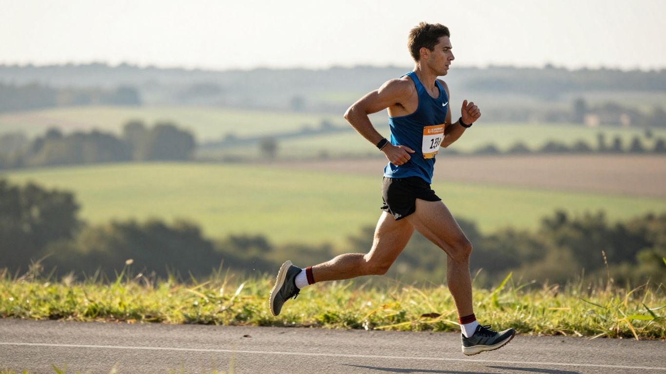 Runner on marathon course, focused on pace.