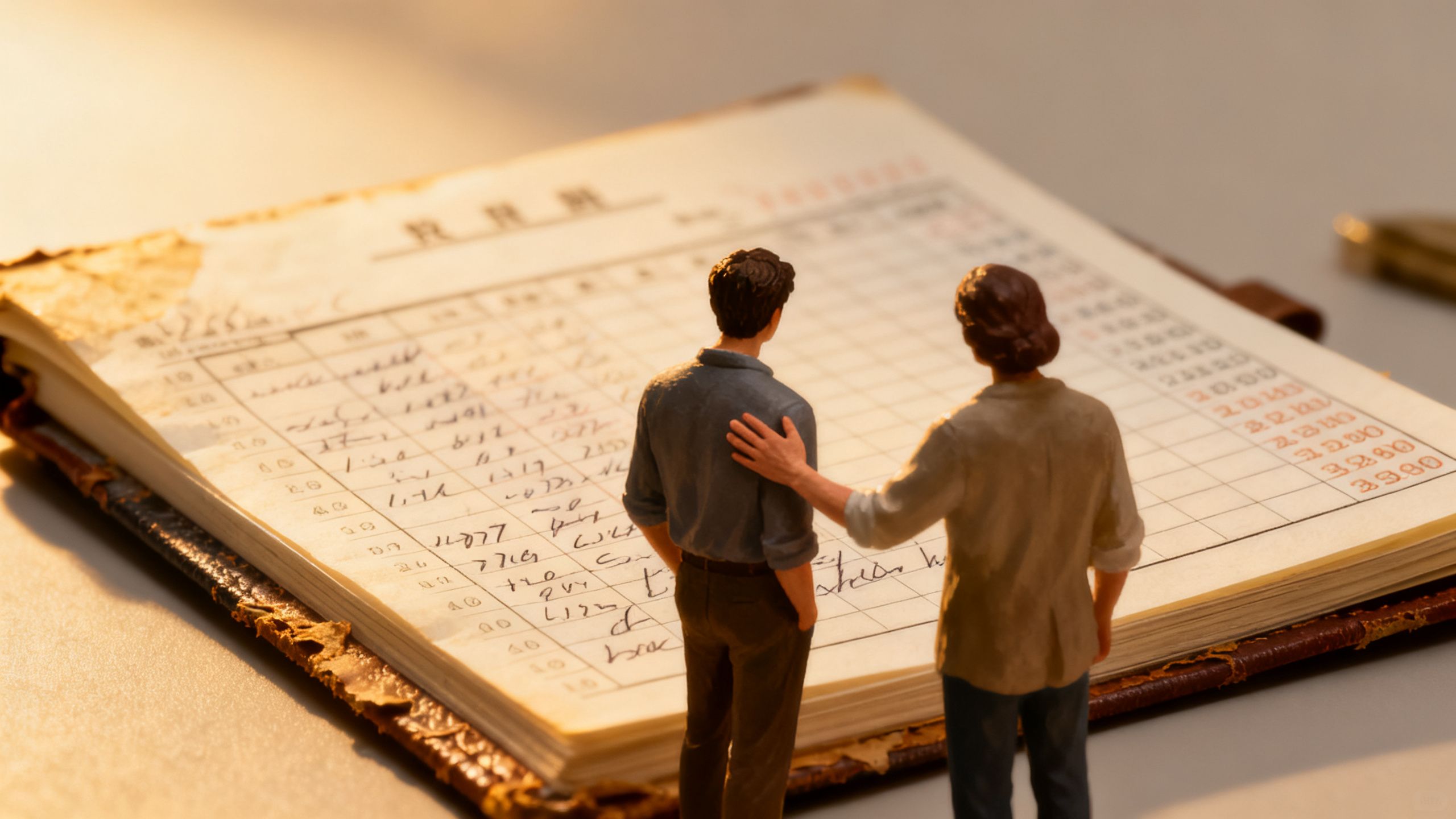 Person looking at financial ledger with supportive figure beside them.