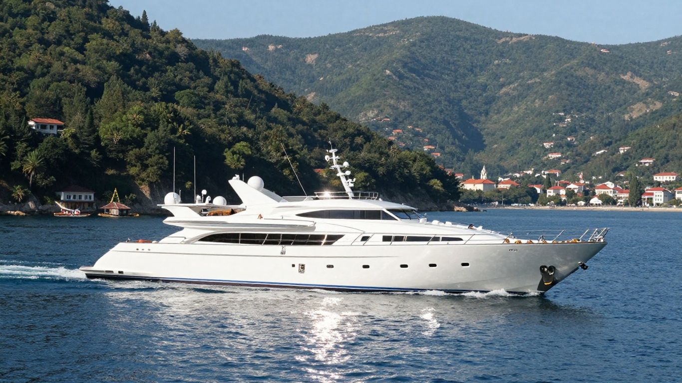 Luxurious Russian yacht sailing in a scenic bay.