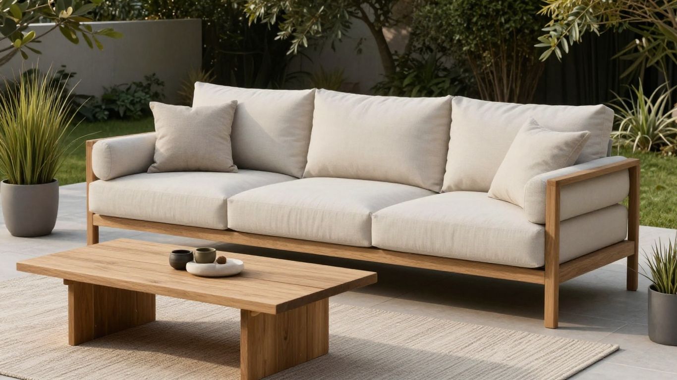 A modular outdoor sofa beside a small patio table
