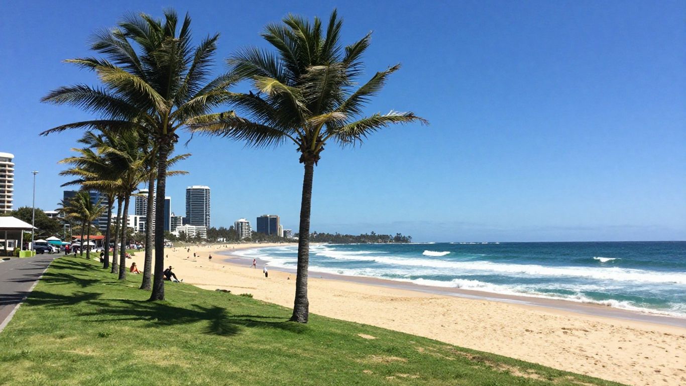 Gold Coast beach with palm trees and ocean waves.