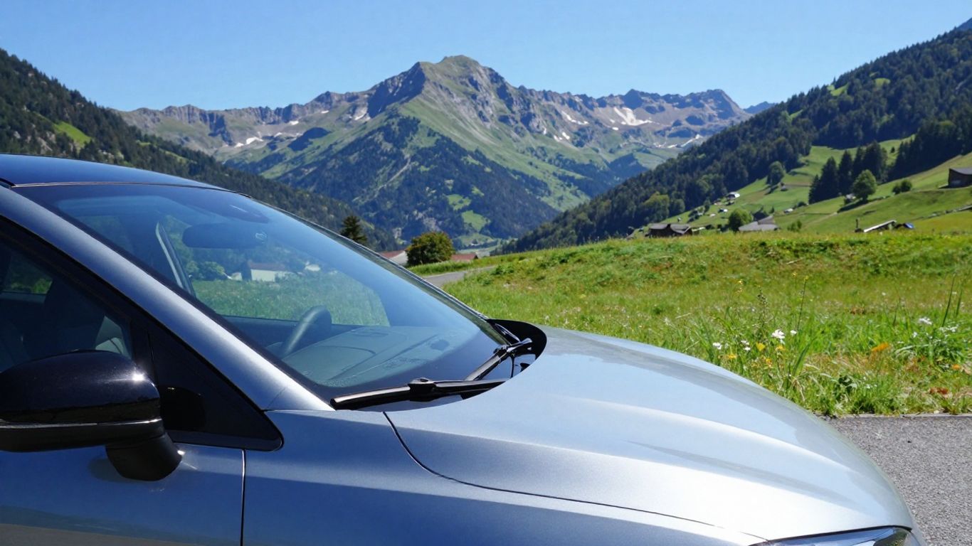 Auto im Schweizer Gebirge mit Sonne