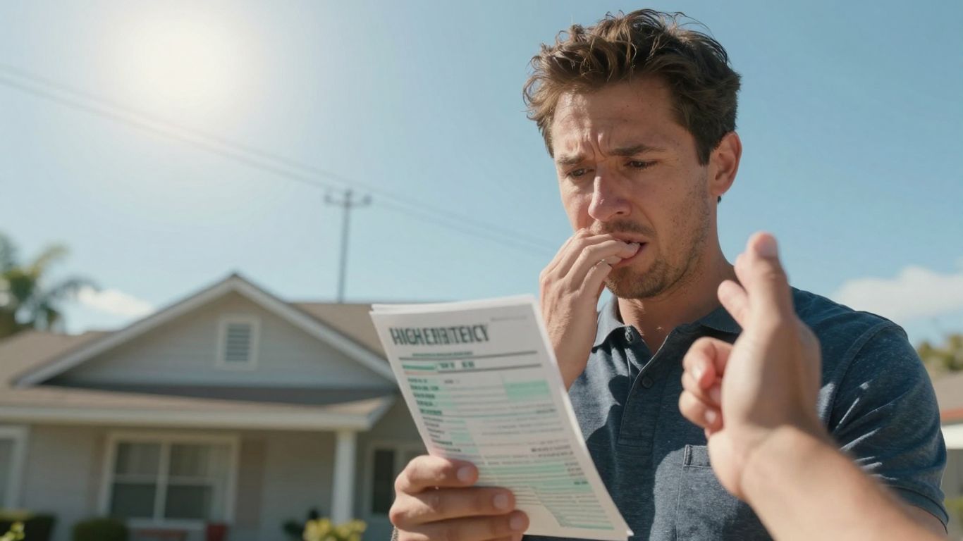 California homeowner stressed by high energy bill.