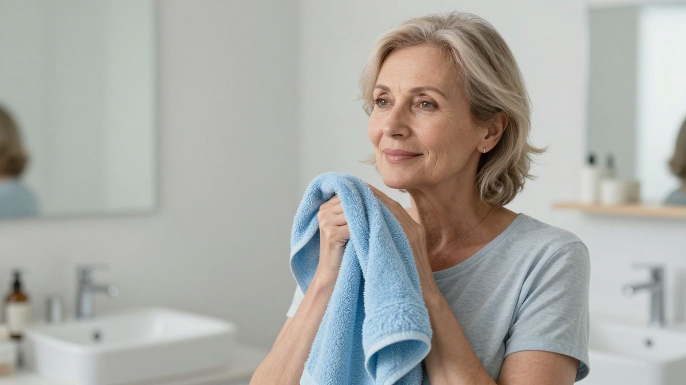 Mulher sorrindo com toalha discreta em banheiro.