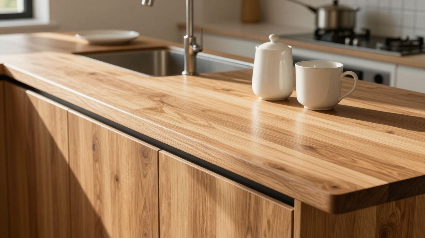 Wooden breakfast bar worktop bathed in natural light.