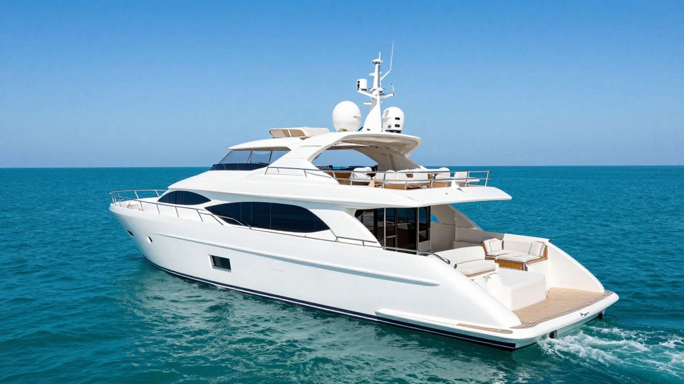 Luxurious yacht sailing on a clear blue ocean.