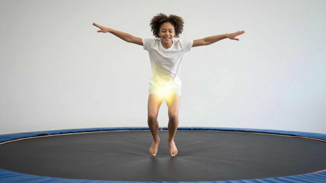 Person bouncing on a trampoline with a healthy glow.