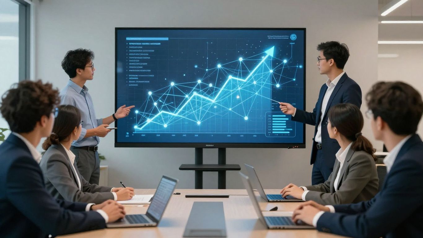 Profissionais em reunião B2B com conexões digitais.