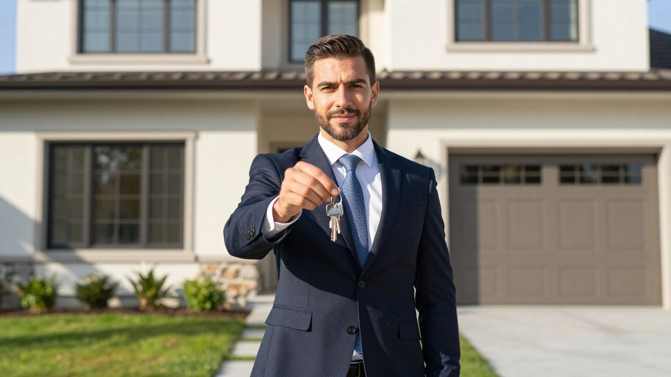 Real estate broker with keys in front of house.
