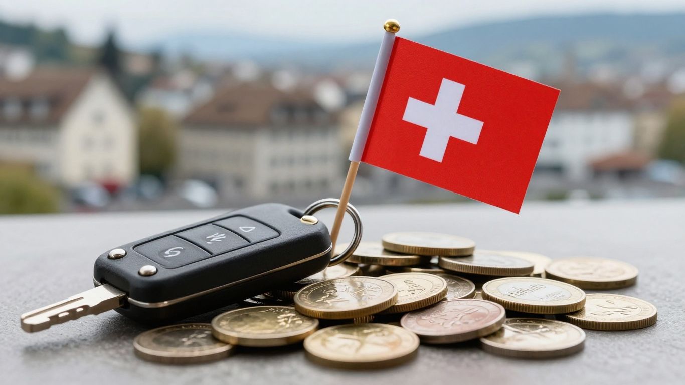 Schweizer Flagge mit Autoschlüssel und Münzen