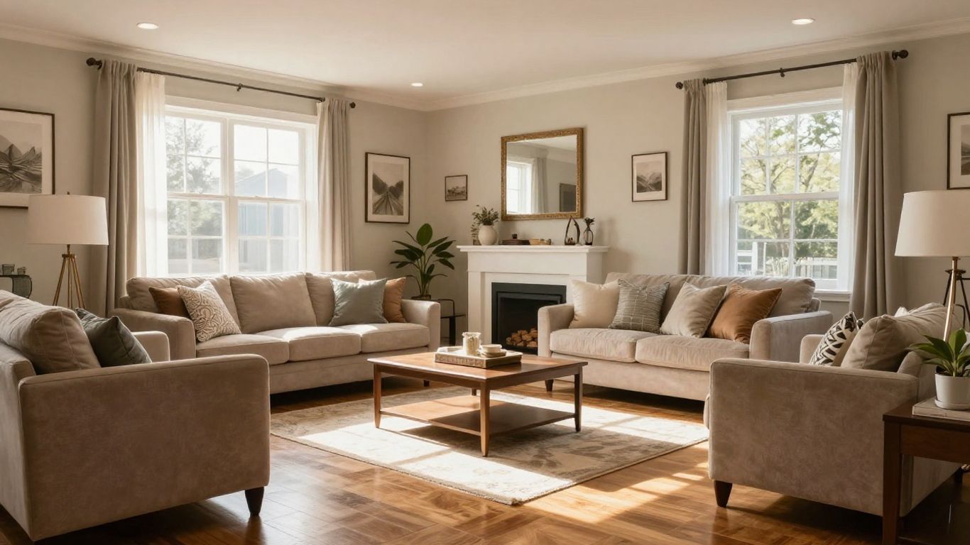 Finished basement living room with modern furniture and warm lighting.