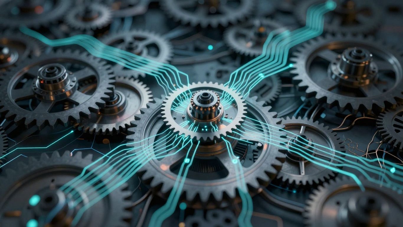 Gears and circuits representing Amazon PPC automation strategy.