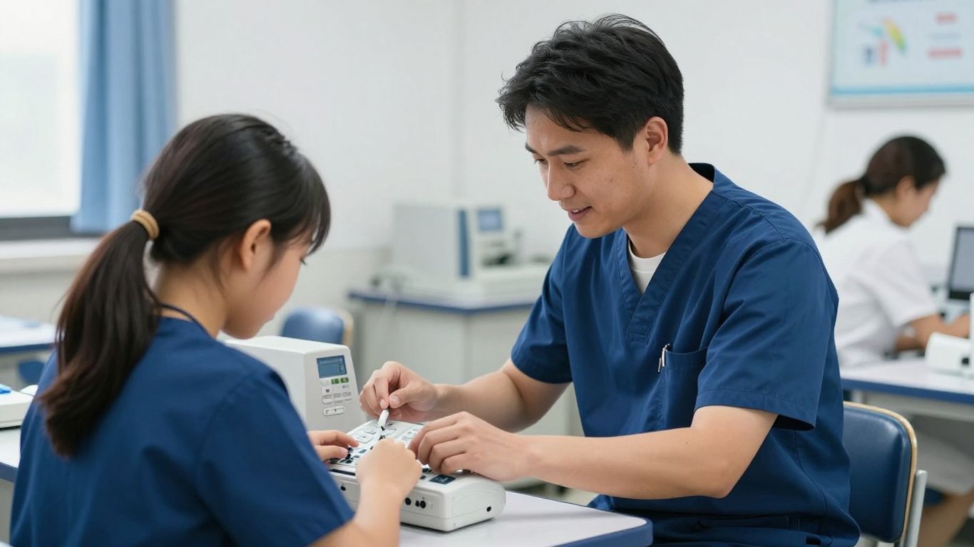 Friendly instructor mentoring students with hands-on equipment