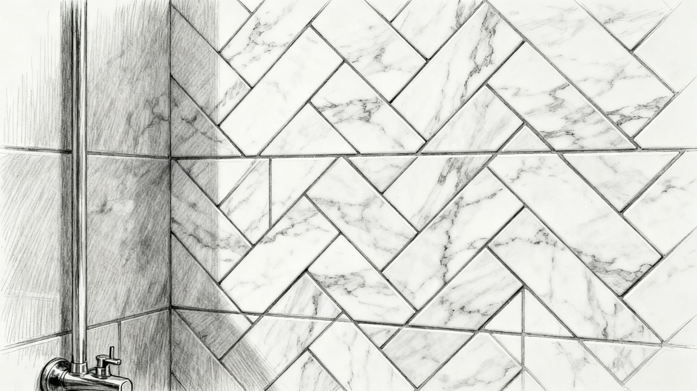 Herringbone layout detail in a marble shower