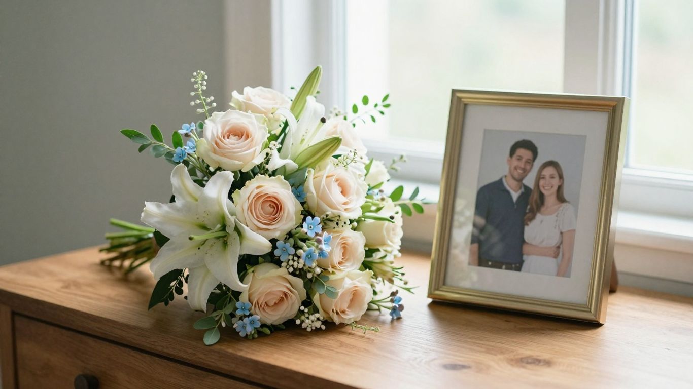 Soft bouquet beside a framed family photograph