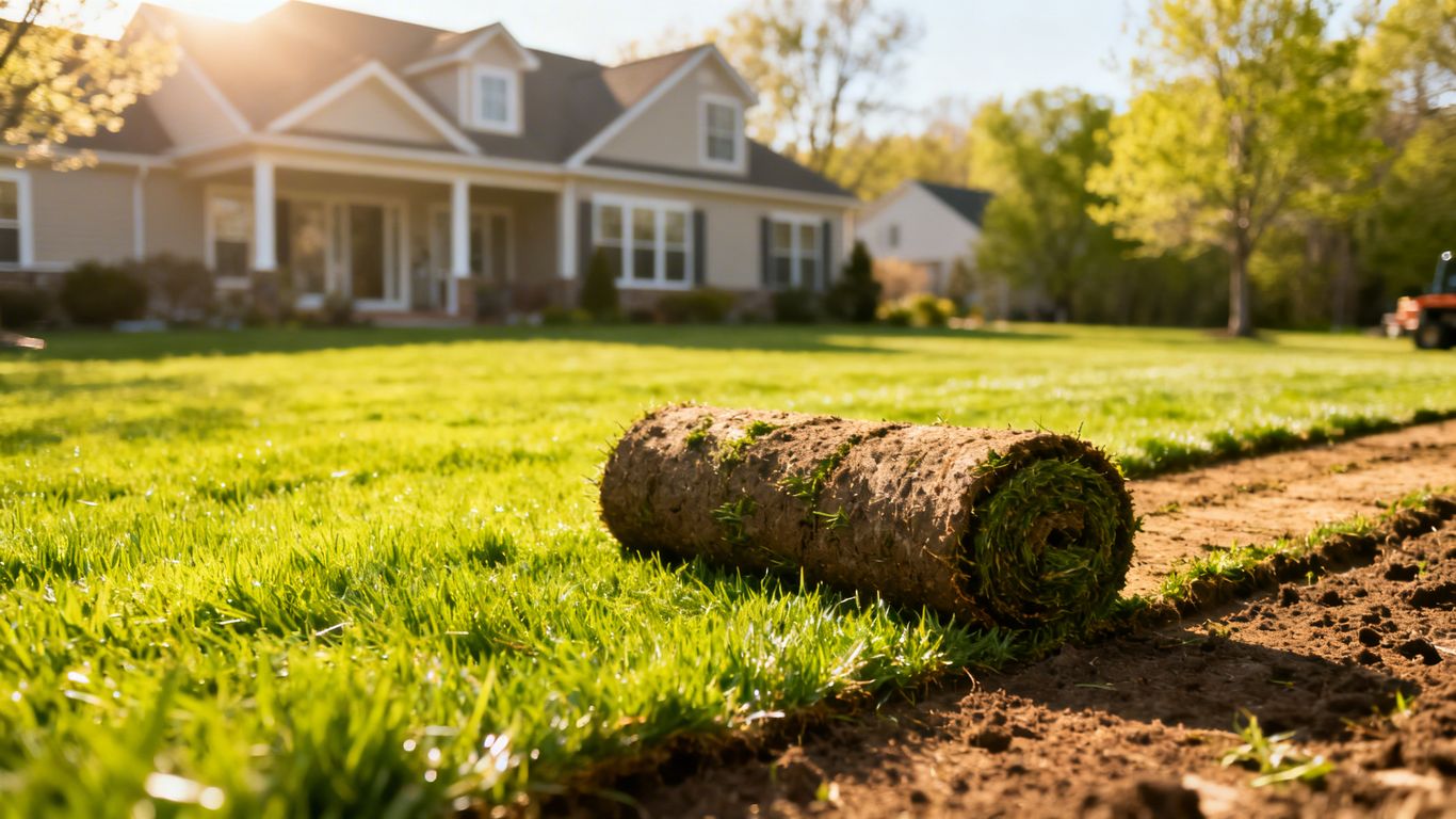 Lush green sod being installed on a sunny spring day.