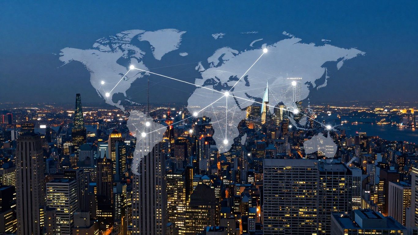 Global cityscape with interconnected network
