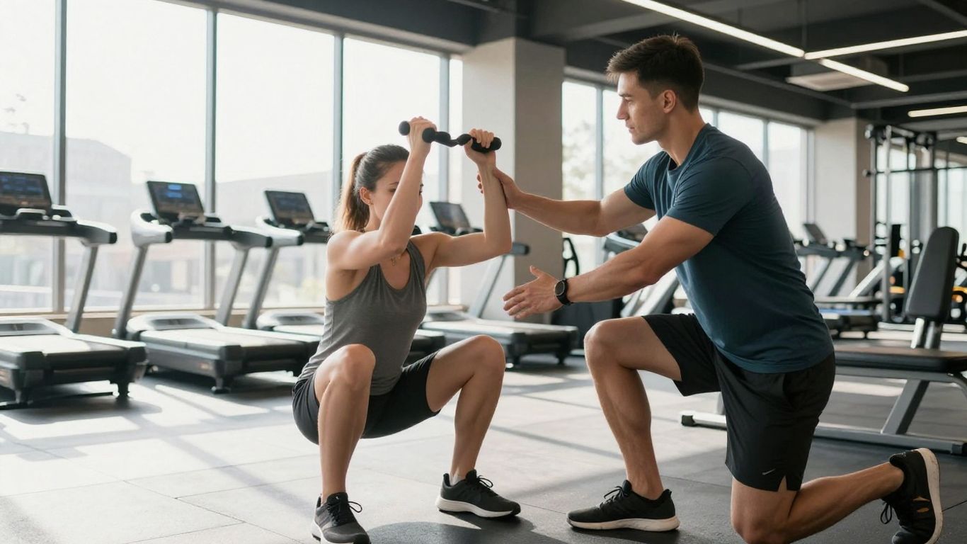 Trainer assisting client with weights in a bright gym.