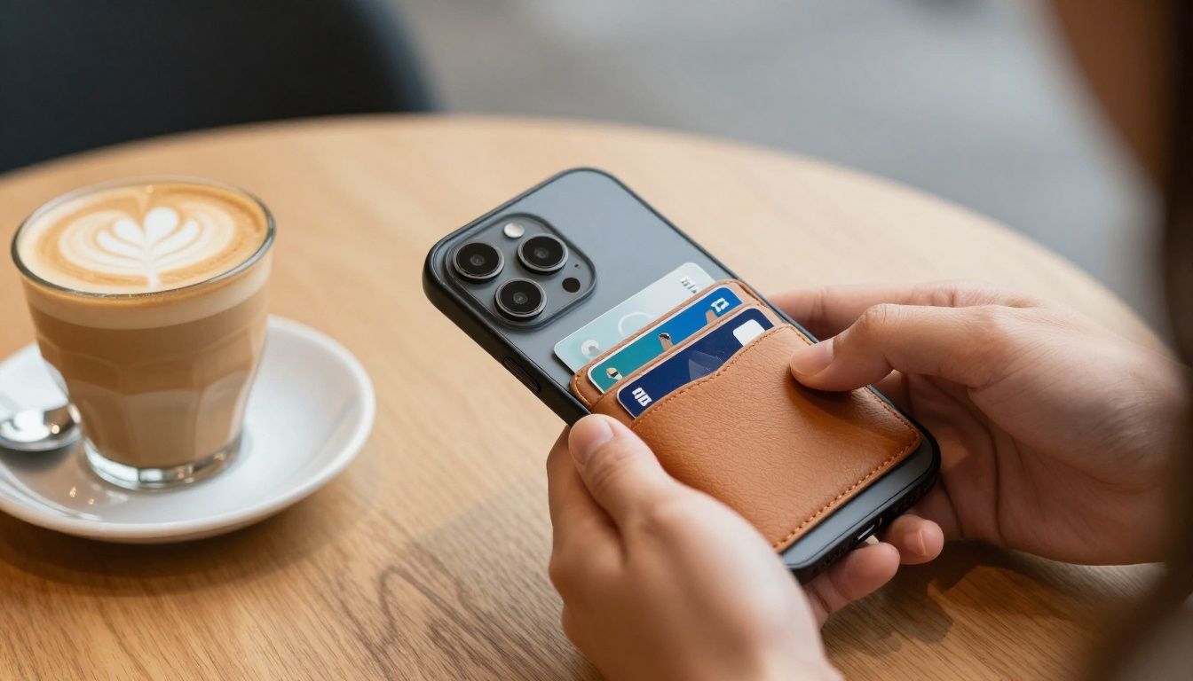 A person paying for coffee at a cafe in Melbourne using their iPhone 17 Pro wallet case, with cards visible in the slots.