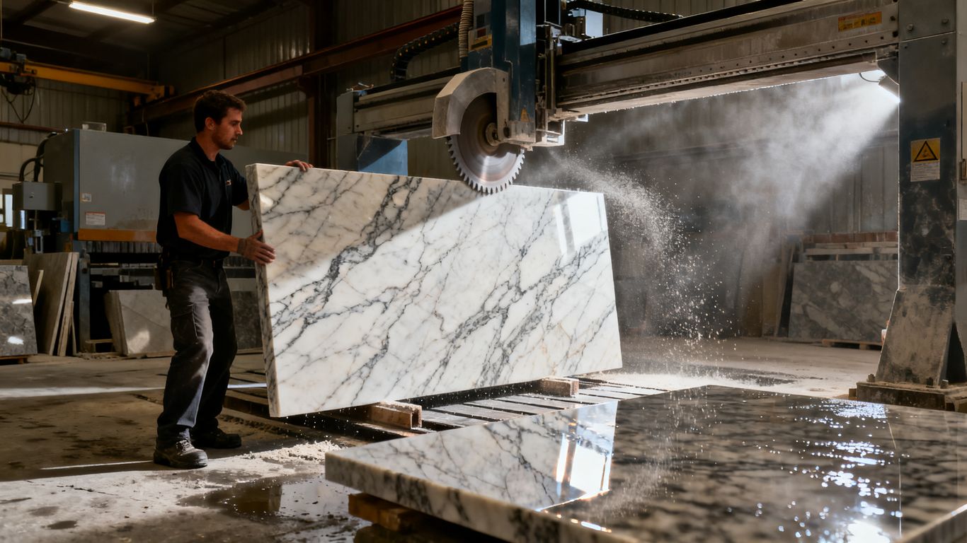 Technician shaping patterned stone slab