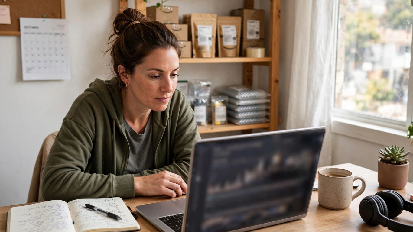 Amazon seller reviewing campaign performance at a desk