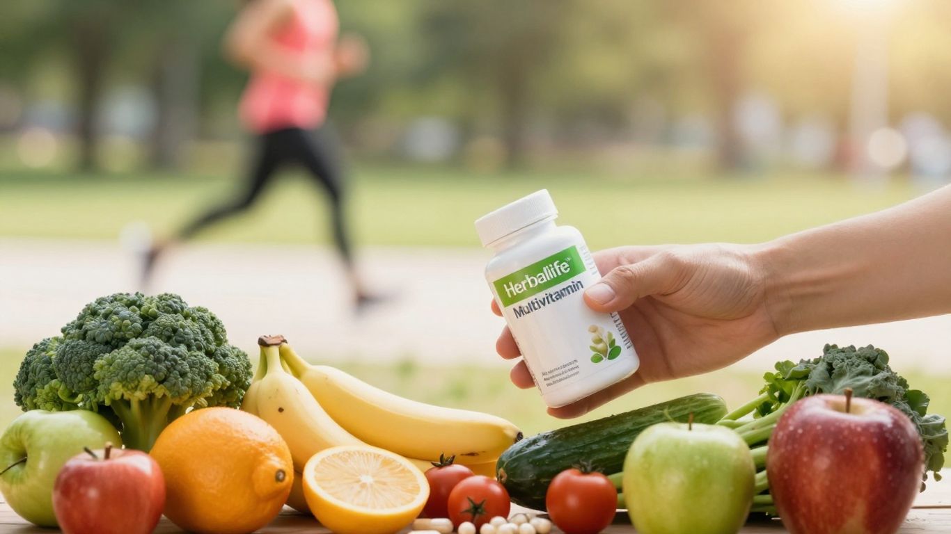 Herbalife multivitamin capsules with healthy food and active lifestyle.