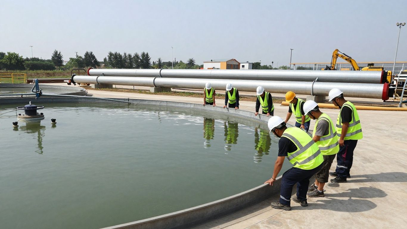 Workers inspecting outdoor wastewater treatment facility