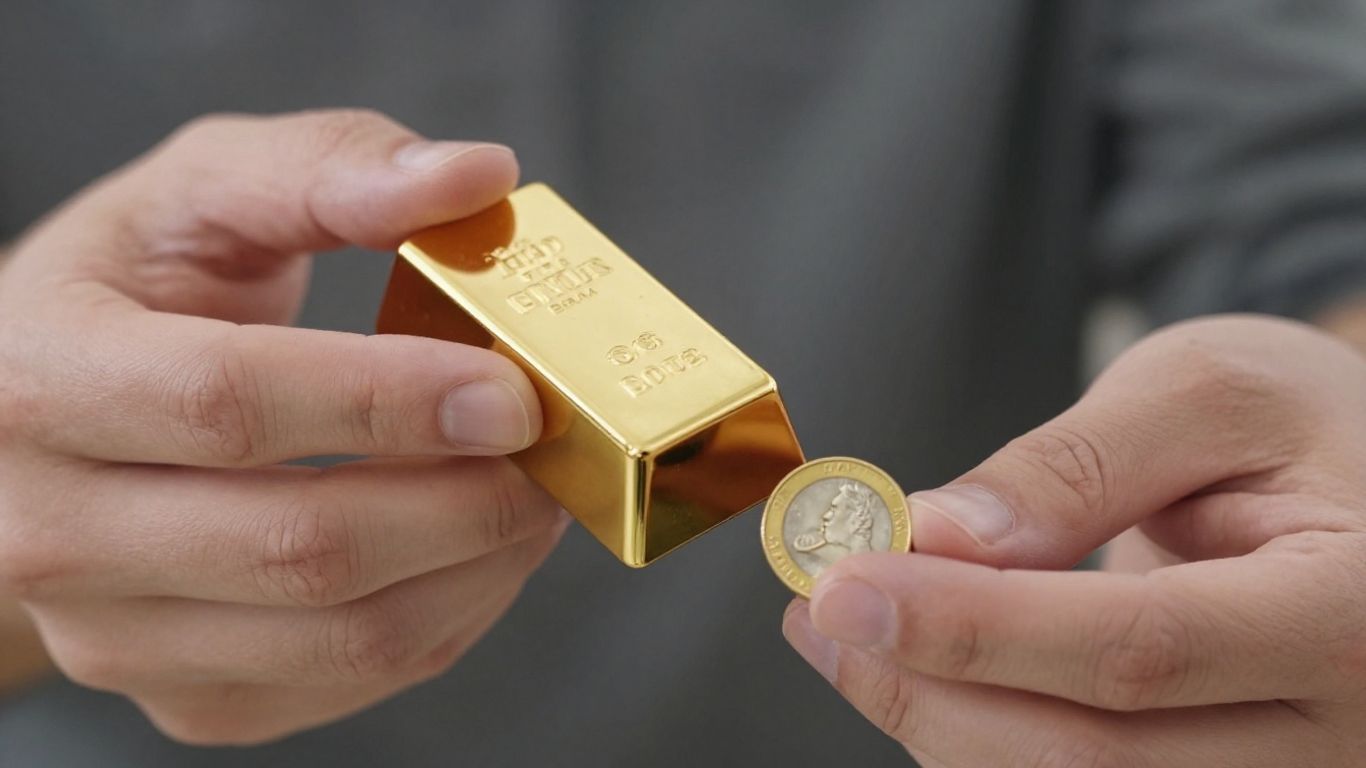 一个人正在检查一根金条和一枚金币。