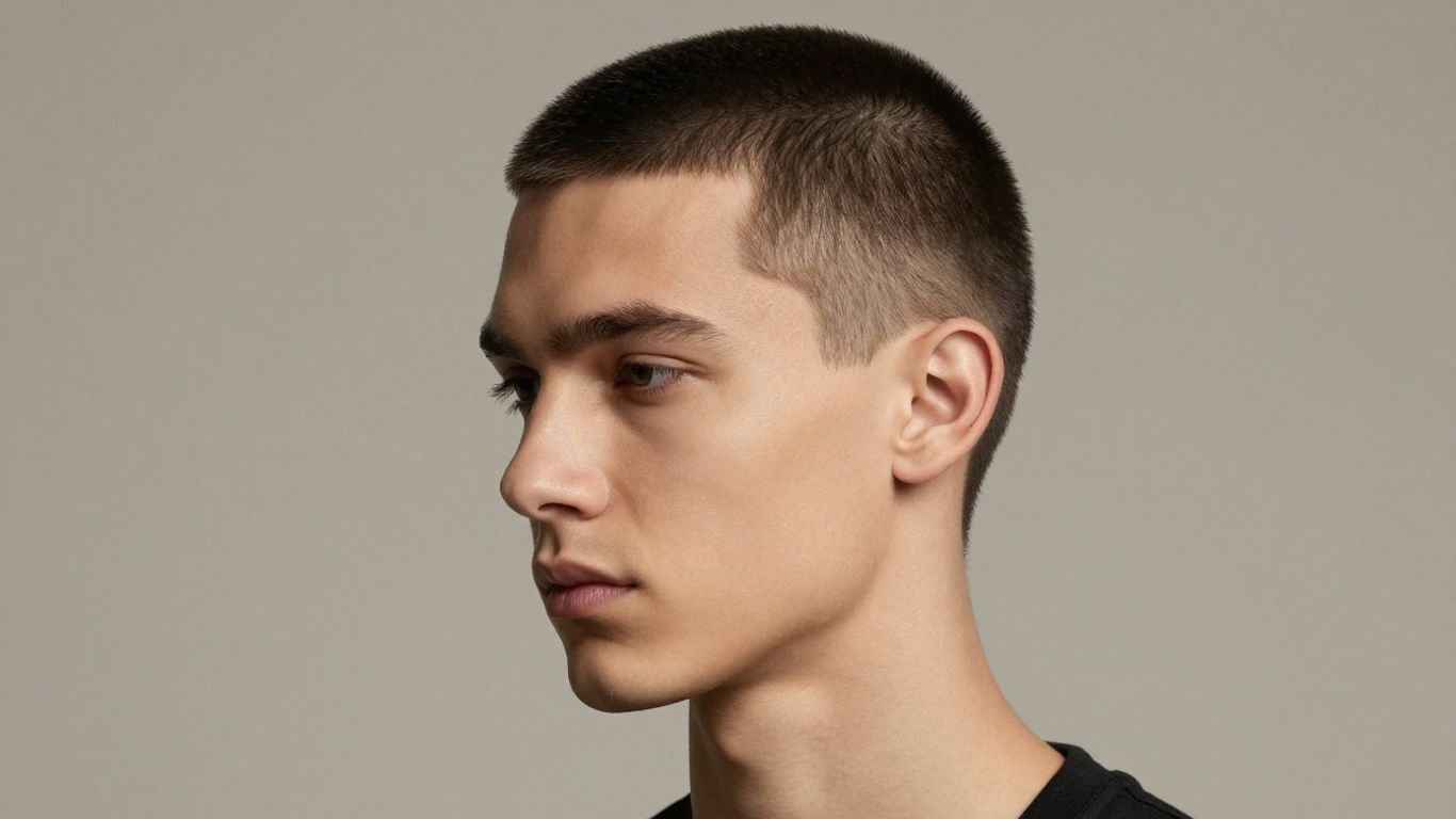 Man with a clean Caesar cut hairstyle.