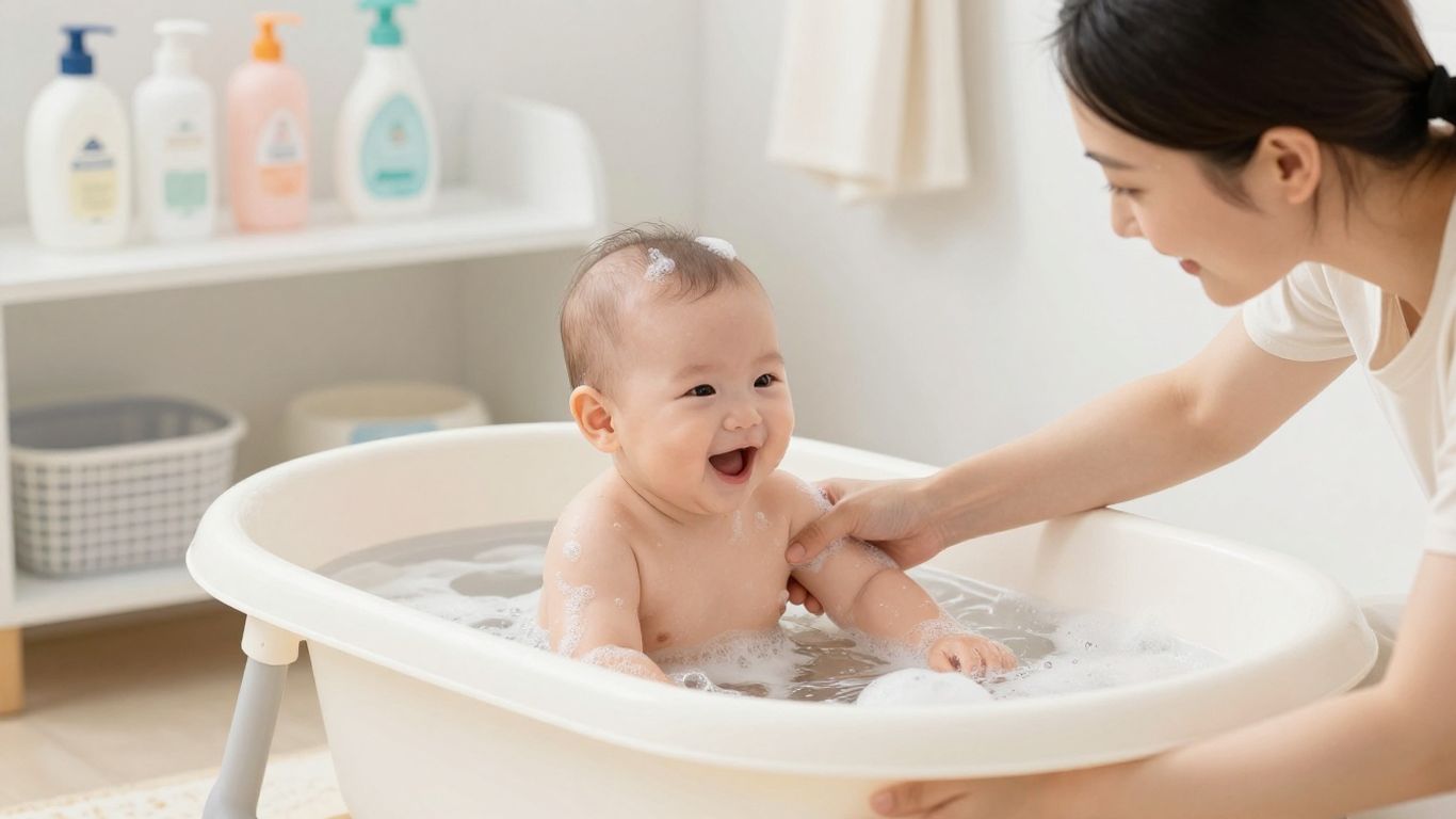 Bebé feliz en una bañera para bebés.