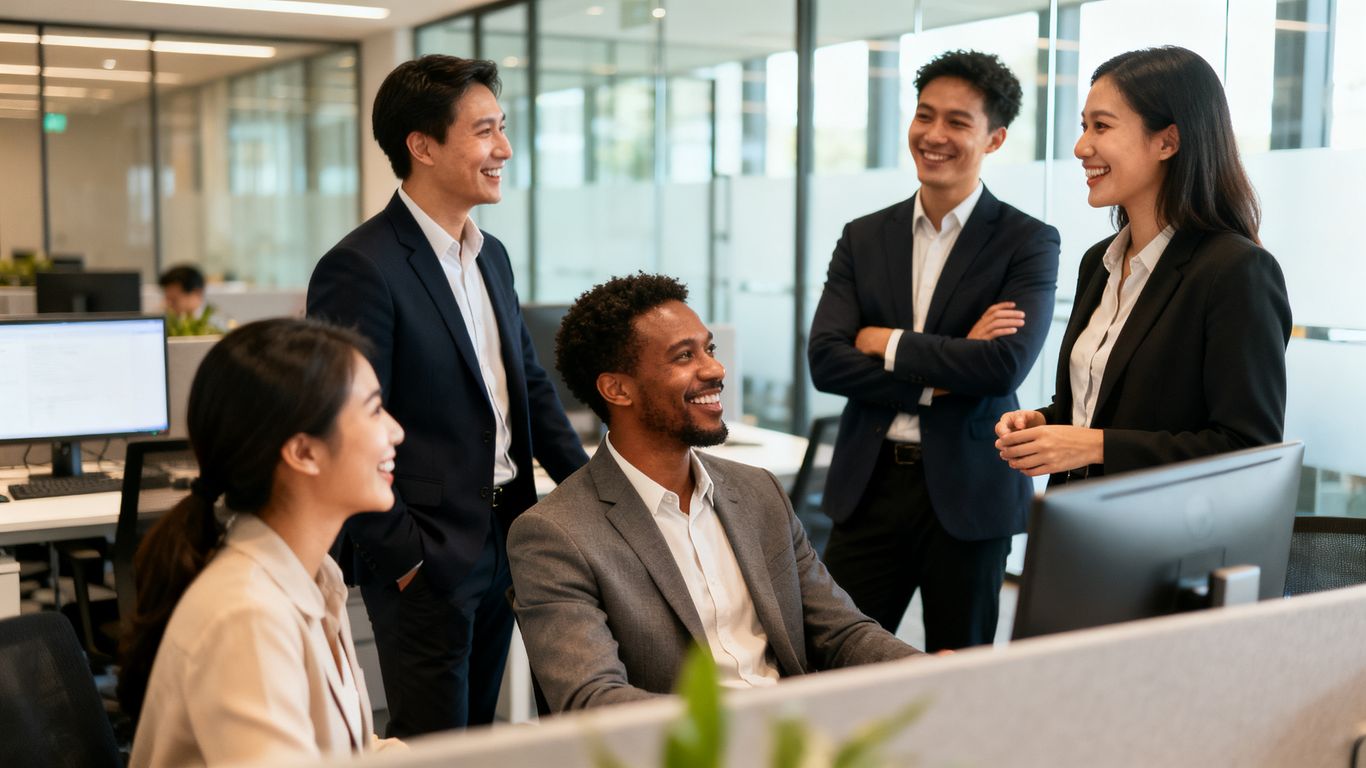 Professionals talking casually in a modern office environment.