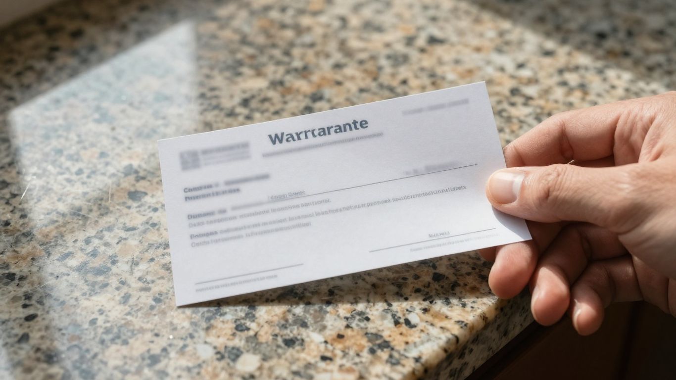 Countertop warranty certificate held over granite surface.