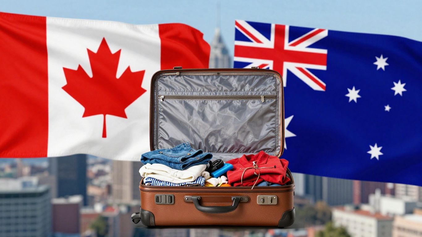 Canadian and Australian flags with an open suitcase.