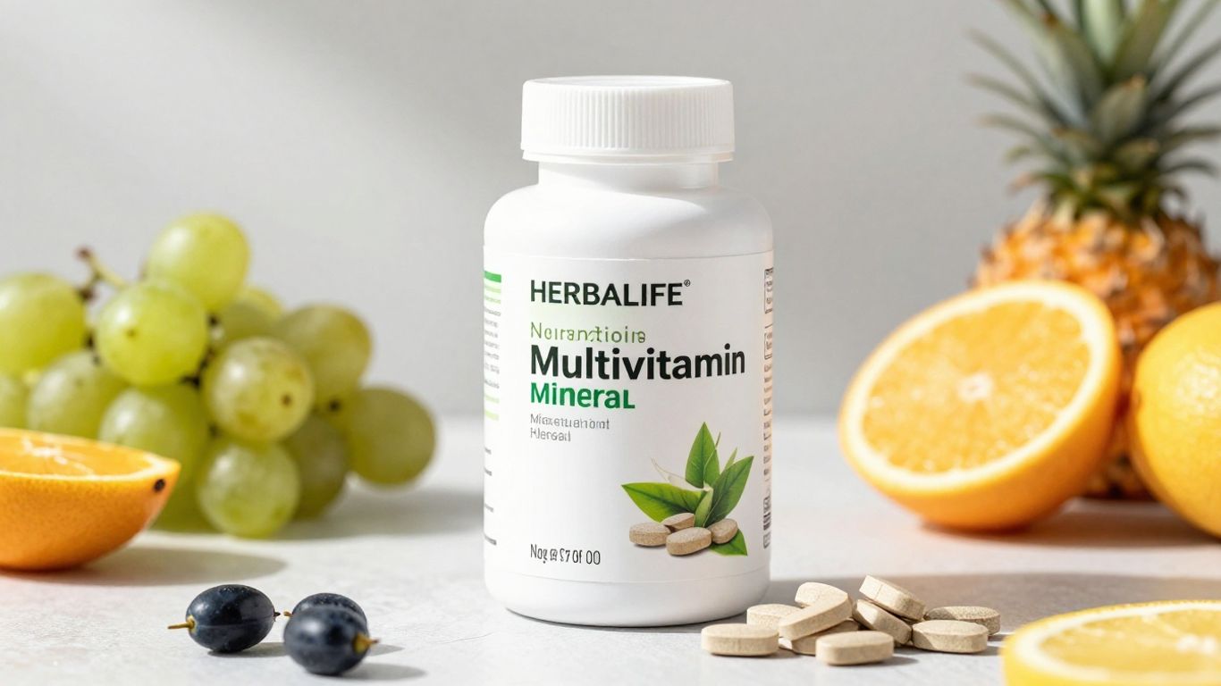 Herbalife Nutrition multivitamin bottle with fruits and vegetables.