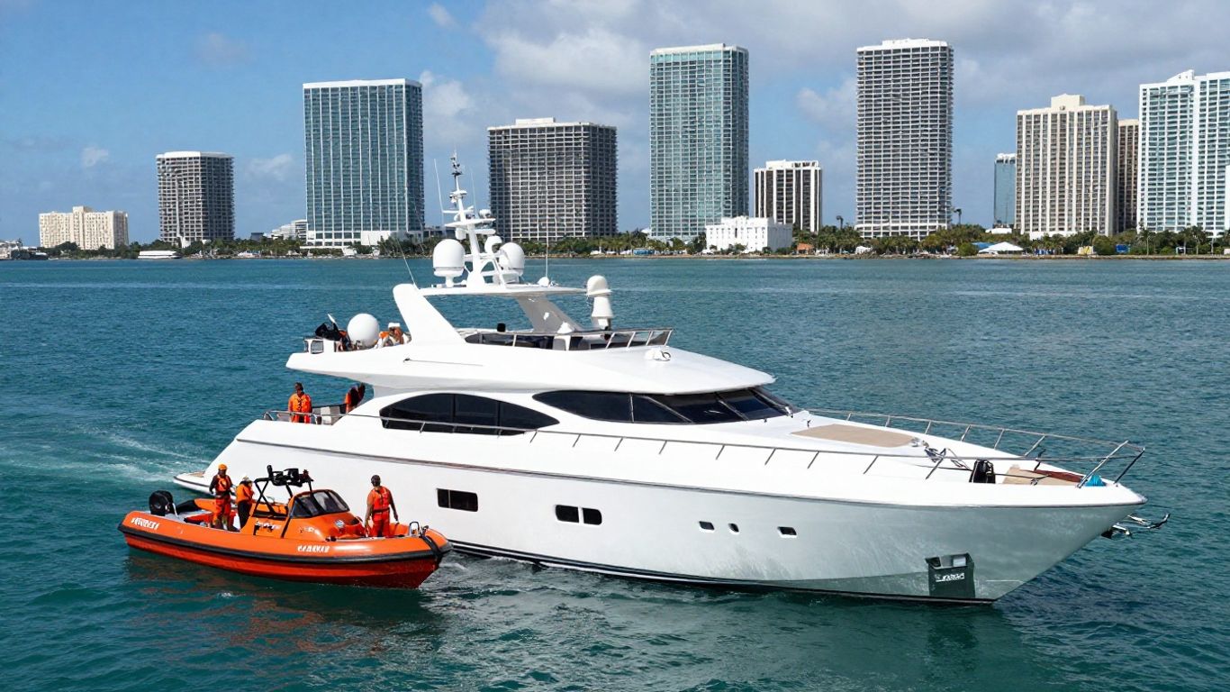 Luxury yacht sinking in Miami with rescue boats.