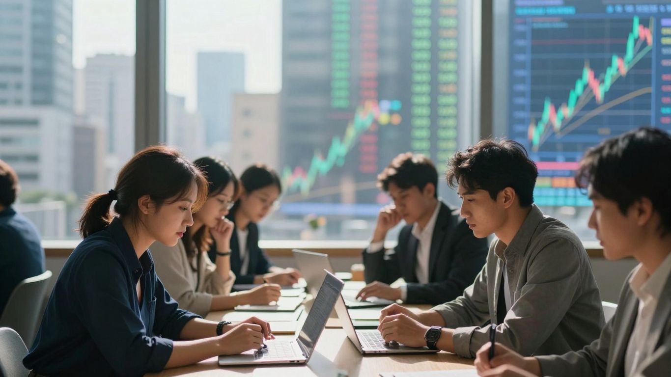 Global currency trading with diverse traders and cityscapes.