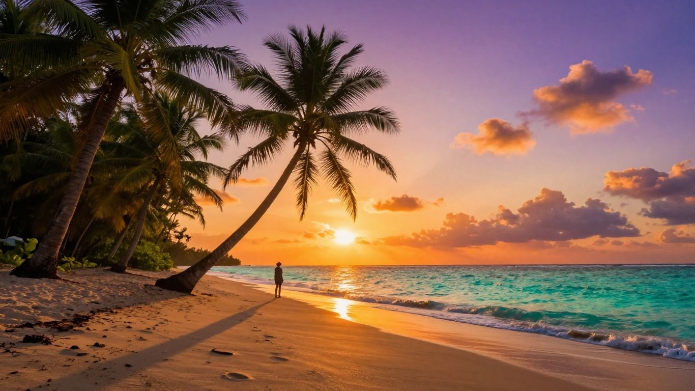 Tropical island sunset with palm trees and ocean waves.
