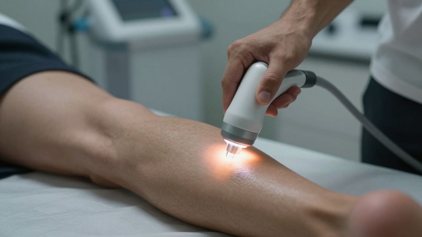 Athlete receiving shockwave therapy for muscle recovery.