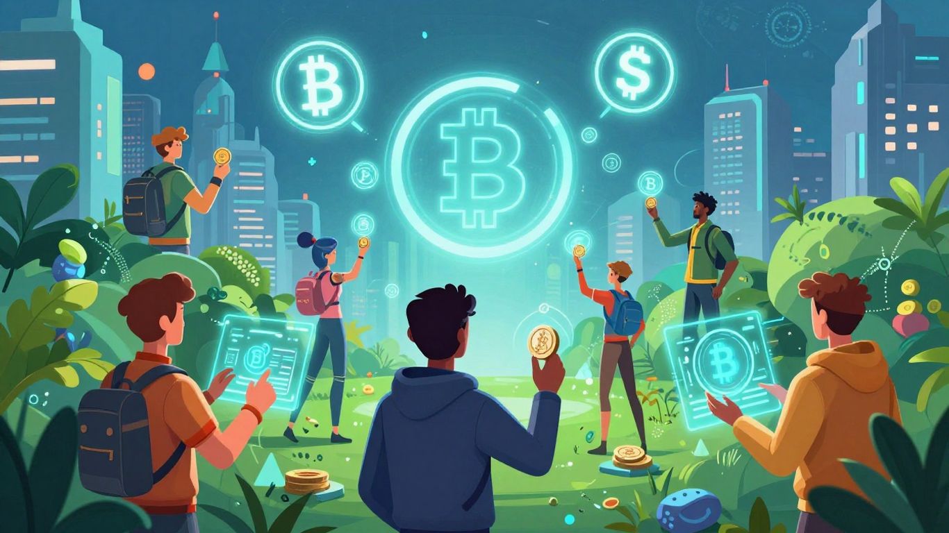 Futuristic cityscape with crypto gaming symbols and characters.