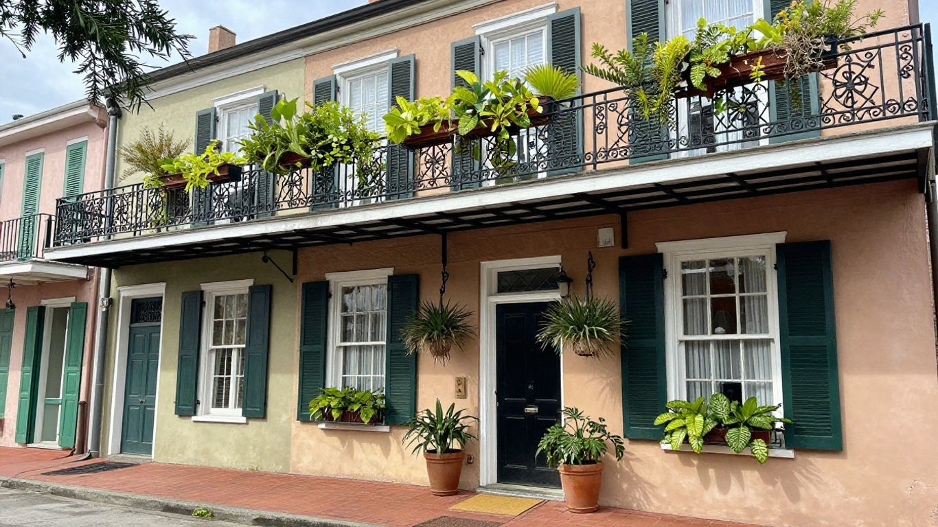 New Orleans Airbnb property with colorful buildings and balconies.