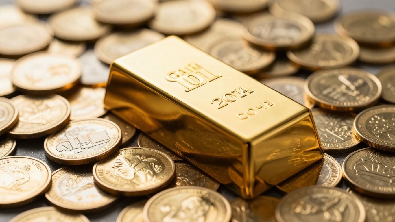 Lingot d'or sur des pièces d'or, reflétant la lumière.