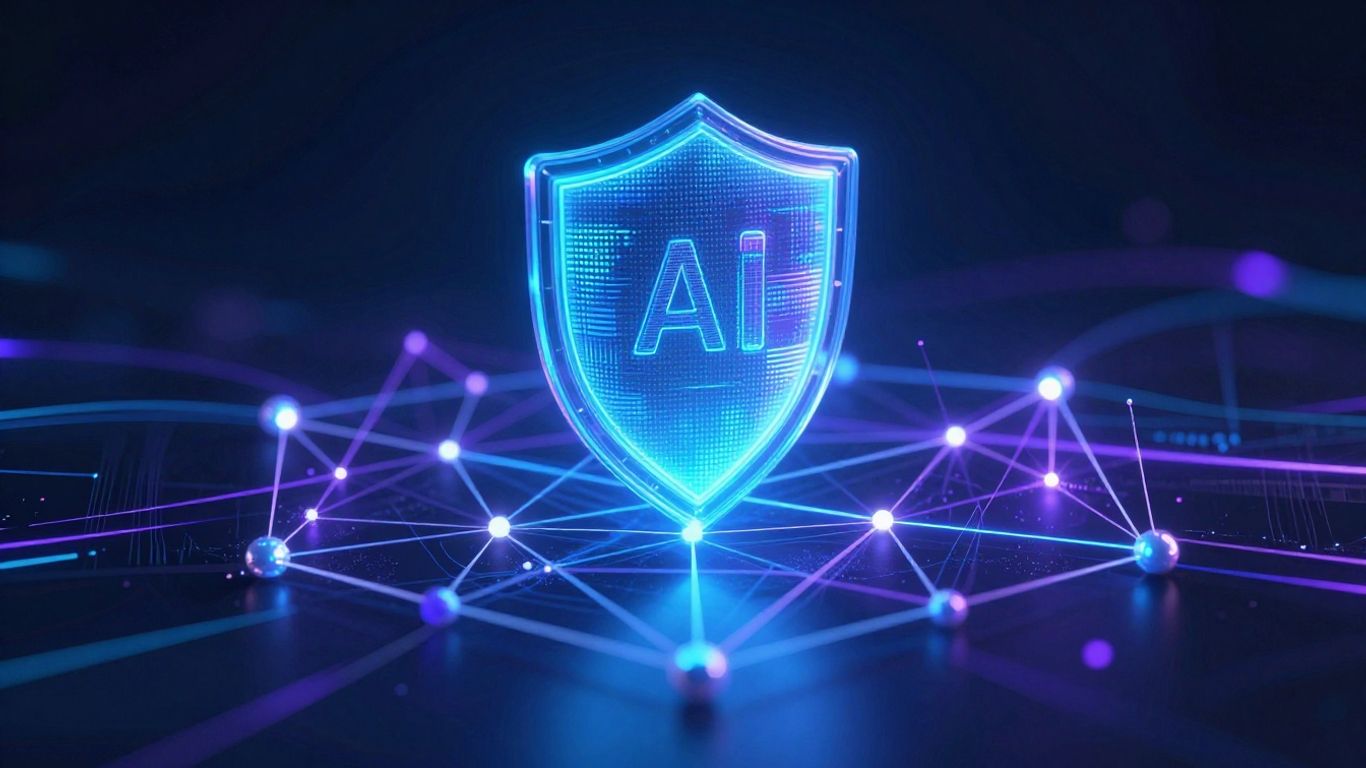 Futuristic digital shield protecting network nodes.