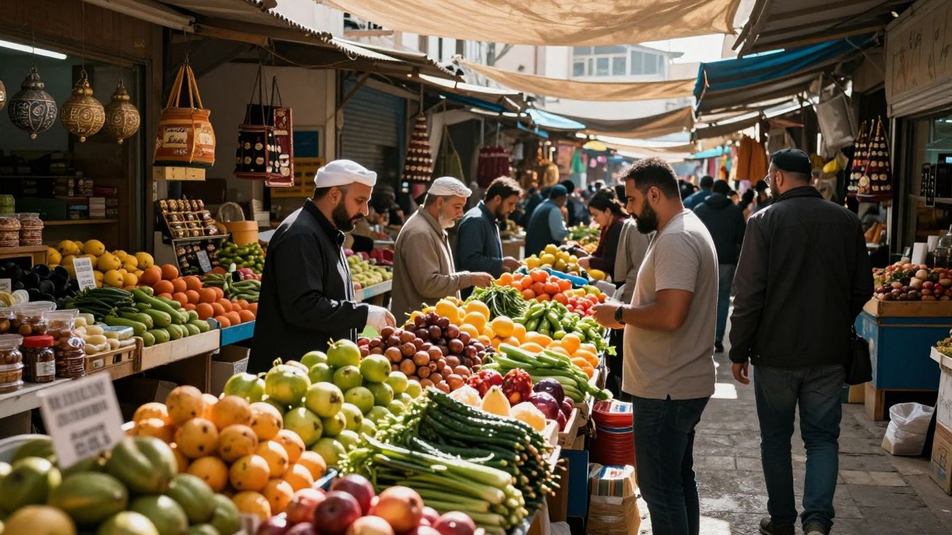 Oamenii cumpără produse proaspete la o piață locală vibrantă.