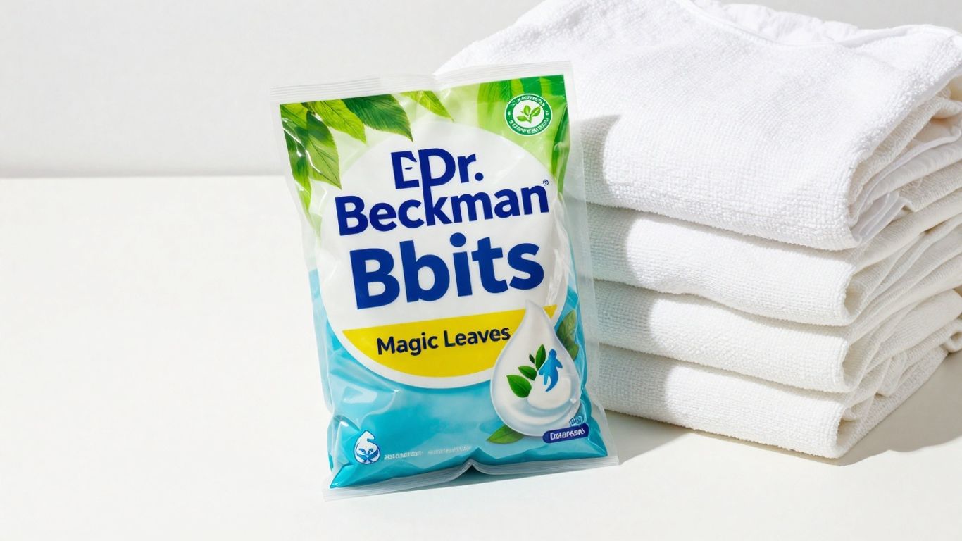 Dr. Beckmann Magic Leaves laundry detergent sheets with clean laundry.