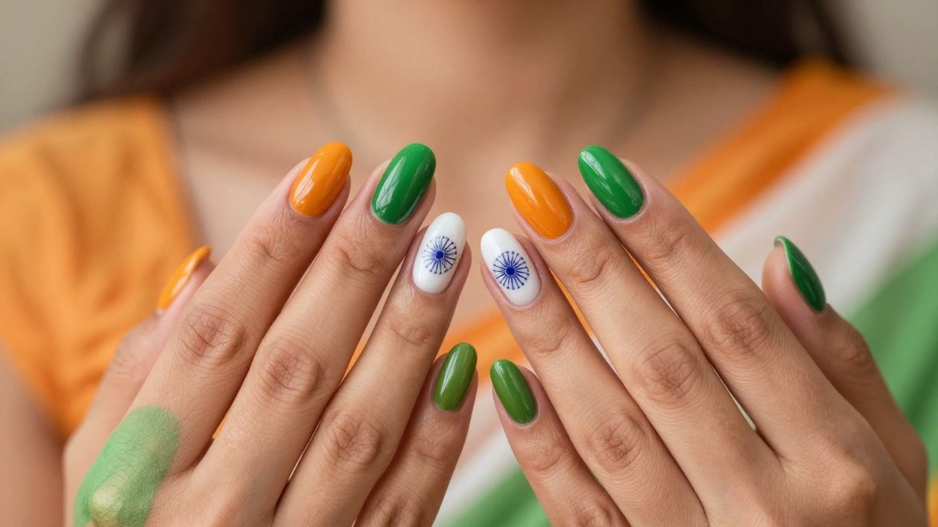 Tricolour Indian flag painted on fingernails.