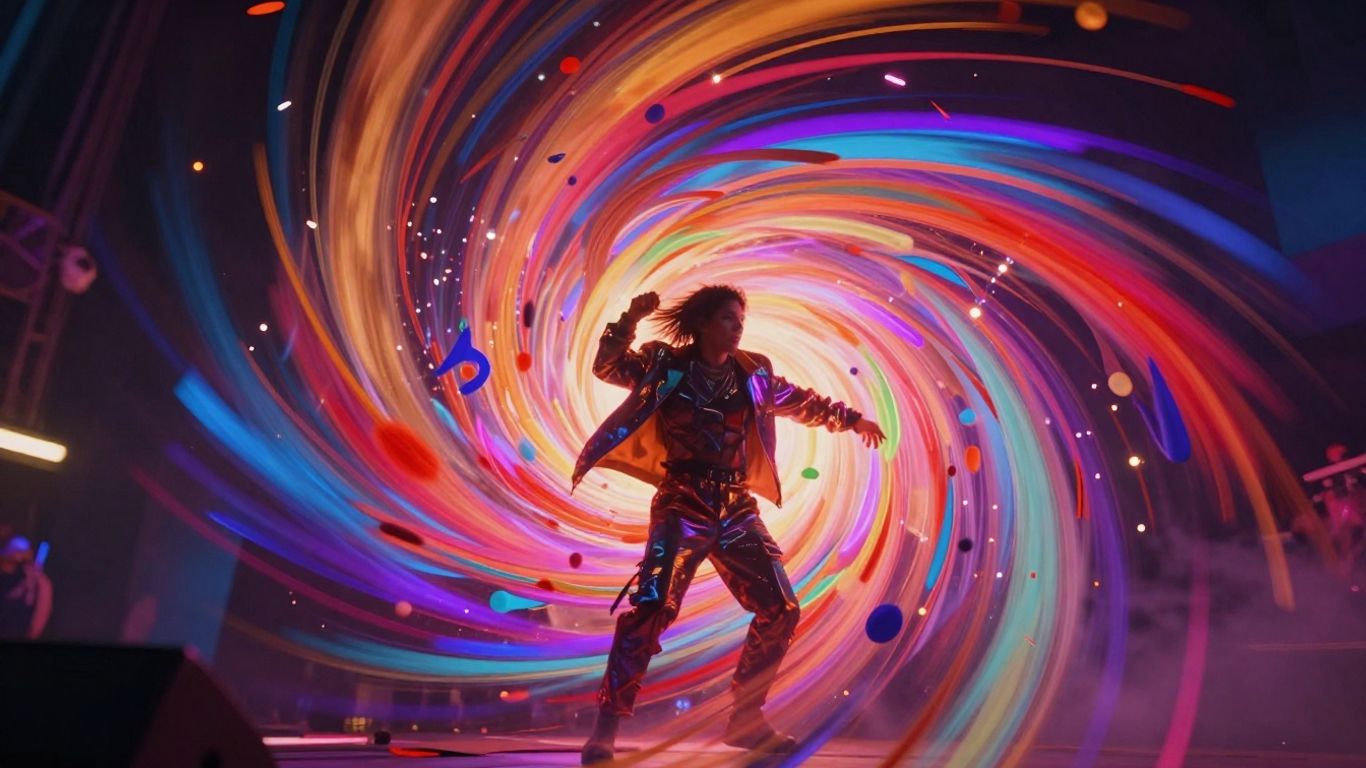 AI-generated music video visuals with abstract shapes and dynamic lighting.