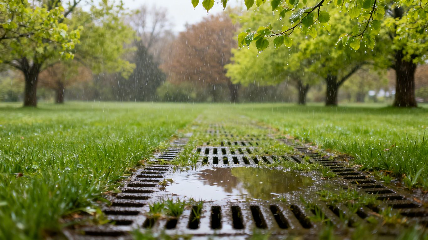 Spring rain falling on a green lawn and drain field.