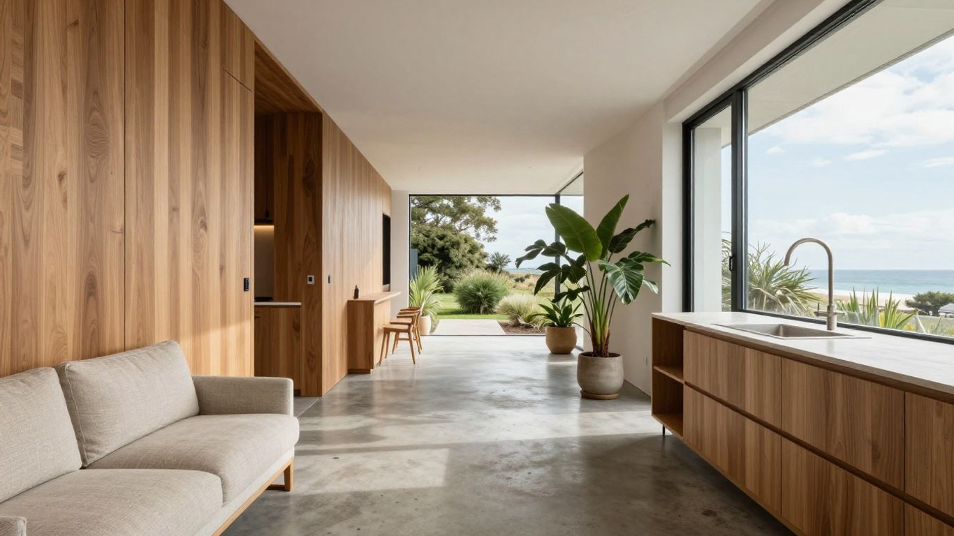 Sunlit polished concrete floor in Tauranga home