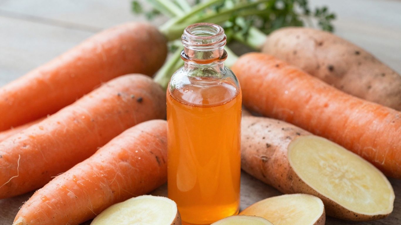 Dropper bottle with orange liquid near carrots and sweet potatoes.